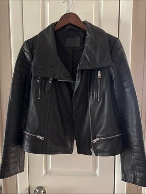 All Saints Black Leather Moto Jacket with Quilted Sleeves